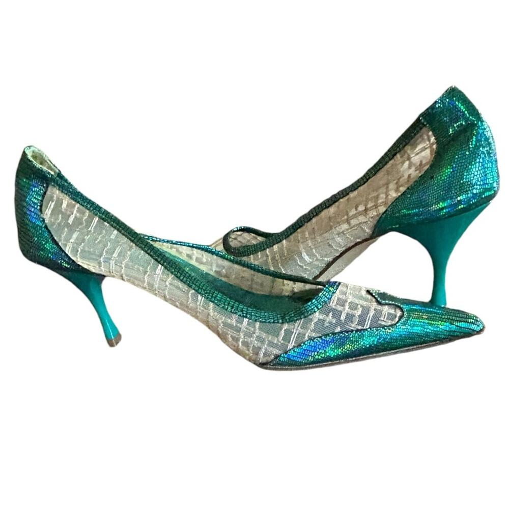 Vigotti Pumps 6.5-7 Designer Metallic Mesh Leather Pointed Toe Kitten Heel Green